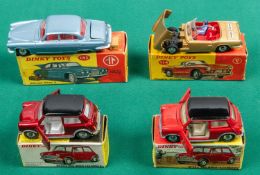4 Dinky Toys. Jaguar Mark X (142) in light metallic blue with red interior. Triumph Spitfire (114)