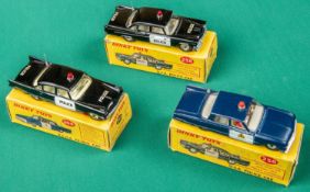 3 Dinky Toys POLICE Cars. R.C.M.P. Ford Fairlane Patrol car (264). In dark blue with white doors,