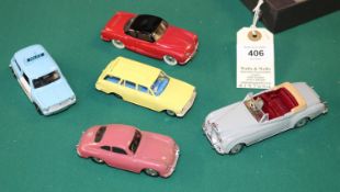 5 Dinky Toys. Mini Clubman POLICE in light blue with white doors. Porsche 356a in cerise (faded).