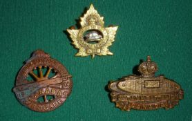 3 scarce WWI CEF collar badges: 2nd Tank Battalion; 1st Motor Machine Gun Brigade (minor