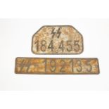 2 scarce Third Reich car number plates, both of the SS, made of steel sheets with rolled edges, 12¾"