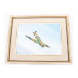 An oil painting on board of a Hawker Hurricane in flight, signed "DART", 13½" x 9½", in frame,