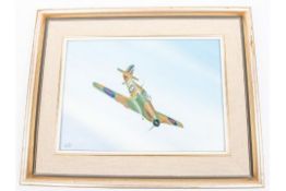 An oil painting on board of a Hawker Hurricane in flight, signed "DART", 13½" x 9½", in frame,