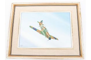 An oil painting on board of a Hawker Hurricane in flight, signed "DART", 13½" x 9½", in frame,