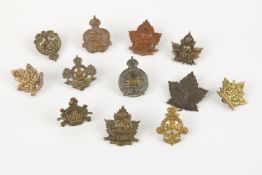 12 single WWI CEF Infantry collar badges: 199th, 201st, 202nd, 205th, 207th, 214th, 215th, 225th,