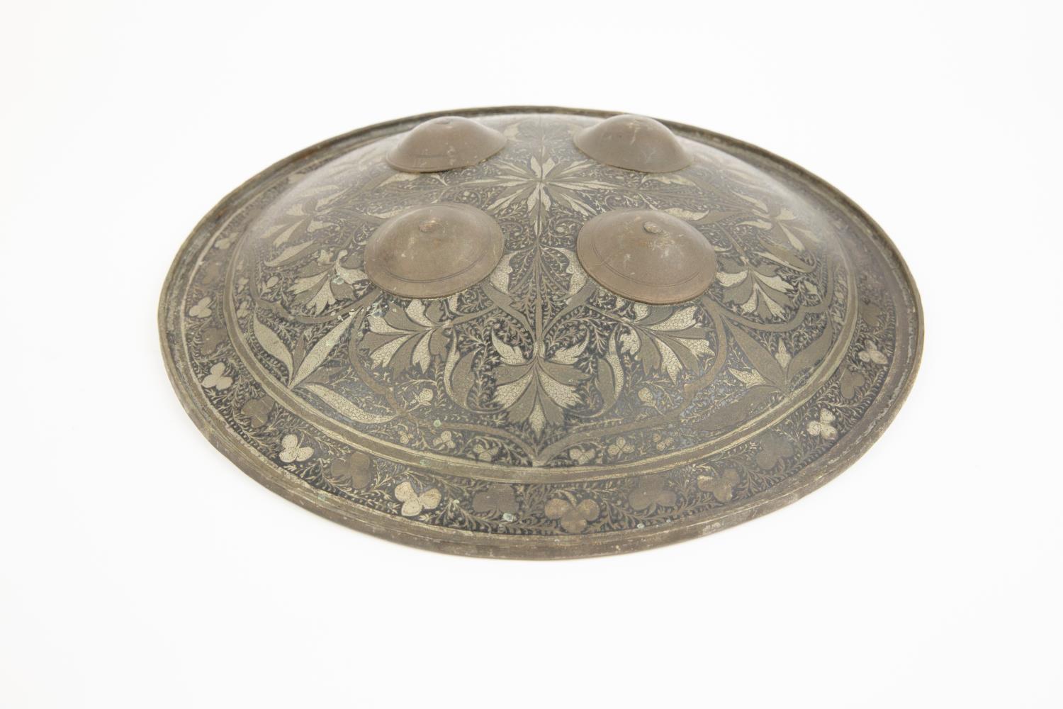 An Indian Benares decorative brass shield, "dhal", 15" diameter, with punched and engraved - Image 2 of 2