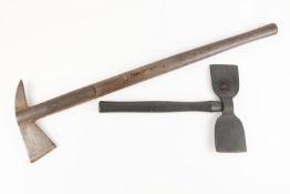 A fireman's large axe, wooden haft 33½"; also an fireman's unusual double bladed axe, 16". GC £40-50