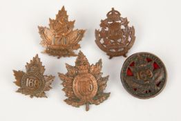 5 WWI CEF Infantry cap badges: 166th, 167th by Caron, 168th, 169th, and 170th. GC £100-120