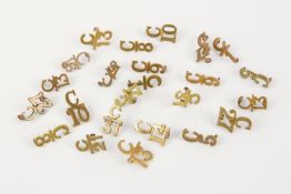 12 pairs of WWI CEF C over bar over number brass collar badges: 1, 5, 8, 9, 10, 13 (large and