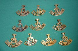 10 Territorial London brass shoulder titles: T20, 21, 23, 24 and 28 over "COUNTY OF LONDON", and