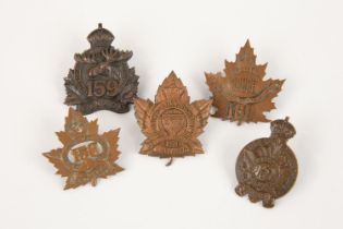 5 WWI CEF Infantry cap badges: 156th, 157th, 158th by O.B. Allan with tangs, 159th by Ellis, and