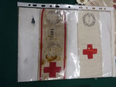 5 WWI arm bands, stretcher bearers with brass buckle, Surrey Voluntary Aid dated 1915; Kent