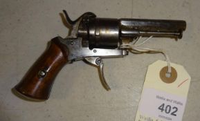A Belgian 6 shot 5mm pin fire open frame double action pocket revolver, 5" overall, octagonal barrel