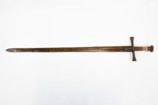 A Sudanese sword, Kaskara, heavy flat blade 34", the hilt with plain cruciform iron cross piece