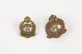 A WWI CEF cap badge of the 8th Canadian Field Ambulance, and a single matching collar badge. GC (