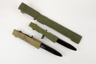An Indian type SMLE bayonet, blade 12", in a green webbing frog/scabbard; a No 7 Mk 1 knife