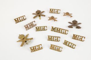 WWI Machine Gun Corp cap badges: officer's bronze with blades; ORs and Motor Machine Guns; also a