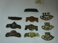 10 WWI CEF Infantry metal shoulder titles: 112th, 117th, 131st (brooch pin), 148th, 181st, 184th,