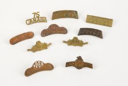 10 WWI CEF Infantry metal shoulder titles: 29th, 47th, 62nd, 75th, 85th (pair), 94th, 103rd, 107th