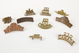 10 WWI CEF Infantry metal shoulder titles: 225th (prongs), 226th, 230th, 236th (2 types), 245th,