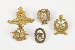 5 New Zealand cap badges: No 1 Coy. NZ Garrison Artillery; No 3 Coy Field Hospital; 1st type NZ