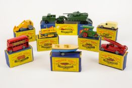 8 Matchbox series moko models. Includes No.48 speed boat with trailor, No.24 yellow digger, No.18