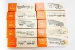 10 Wiking Ho scale plastic model vehicles. Includes a SHELL fuel tanker, special wagon mover, and 8x