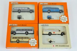 4 Brekina 1:87 Ho scale plastic model vehicle sets. lot includes sets No.5002, 5136, 5003, 9001.