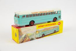 Dinky Supertoys Continental Touring Coach (953). In turquoise with a white roof, fawn interior