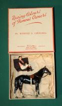 Britains racing colours of famous owners. Mr. Winston Churchill. Black horse with jockey wearing