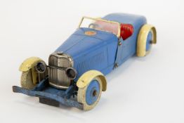 A scarce 1930's No.1 Meccano Constructor Car. An example in blue with cream mudguards, red seats,