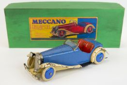 A scarce 1930's Meccano two seater sports car. An non constructor example in blue with cream