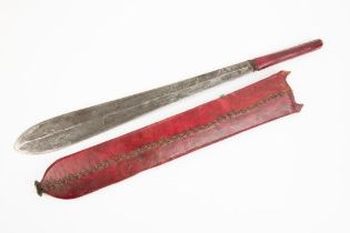 A Masai short sword Sime, DE blade 15¾", red leather covered hilt, in its red leather covered