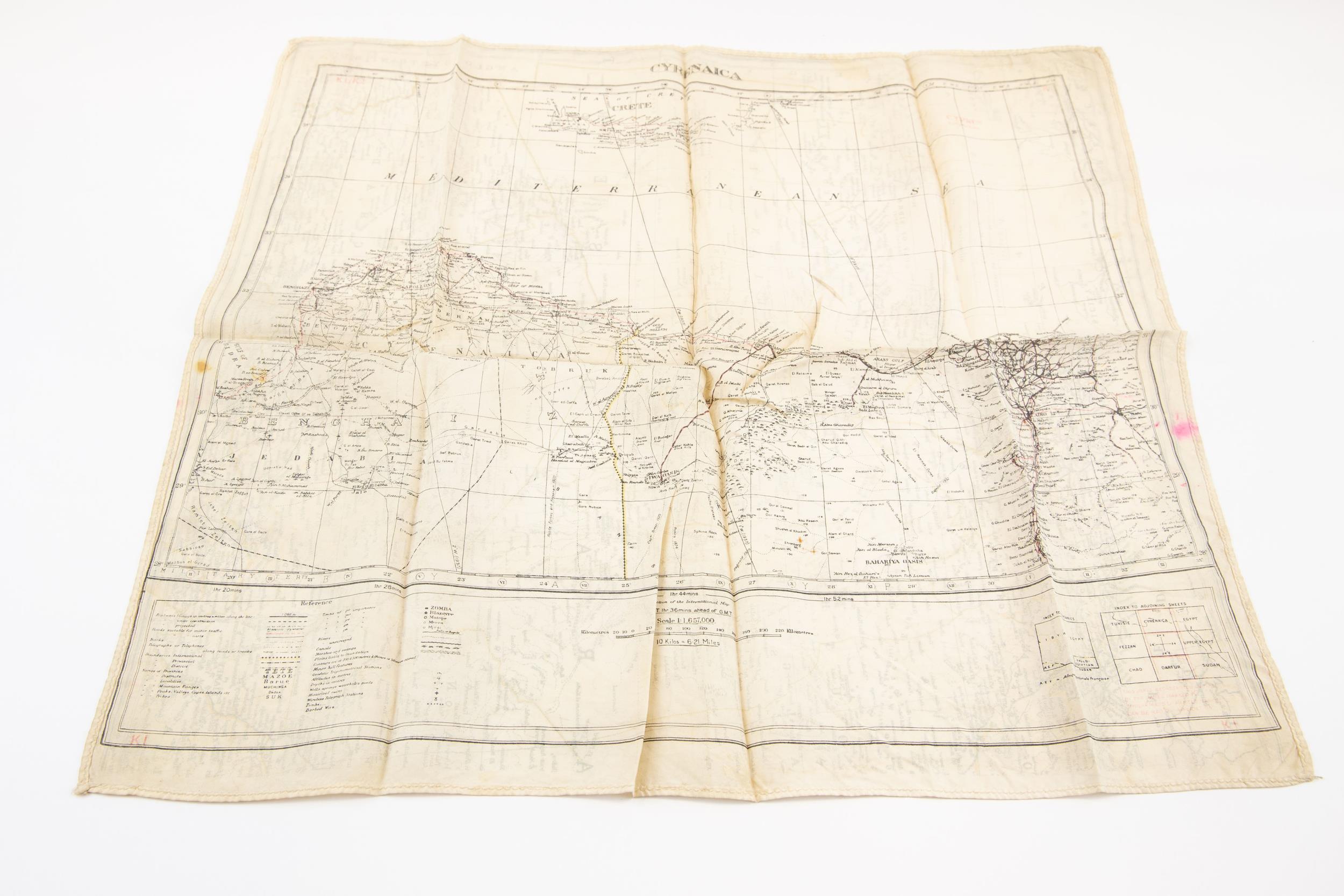 A WWII printed silk escape map of Cyrenaica, to include Eastern North Africa, Sahara Desert,