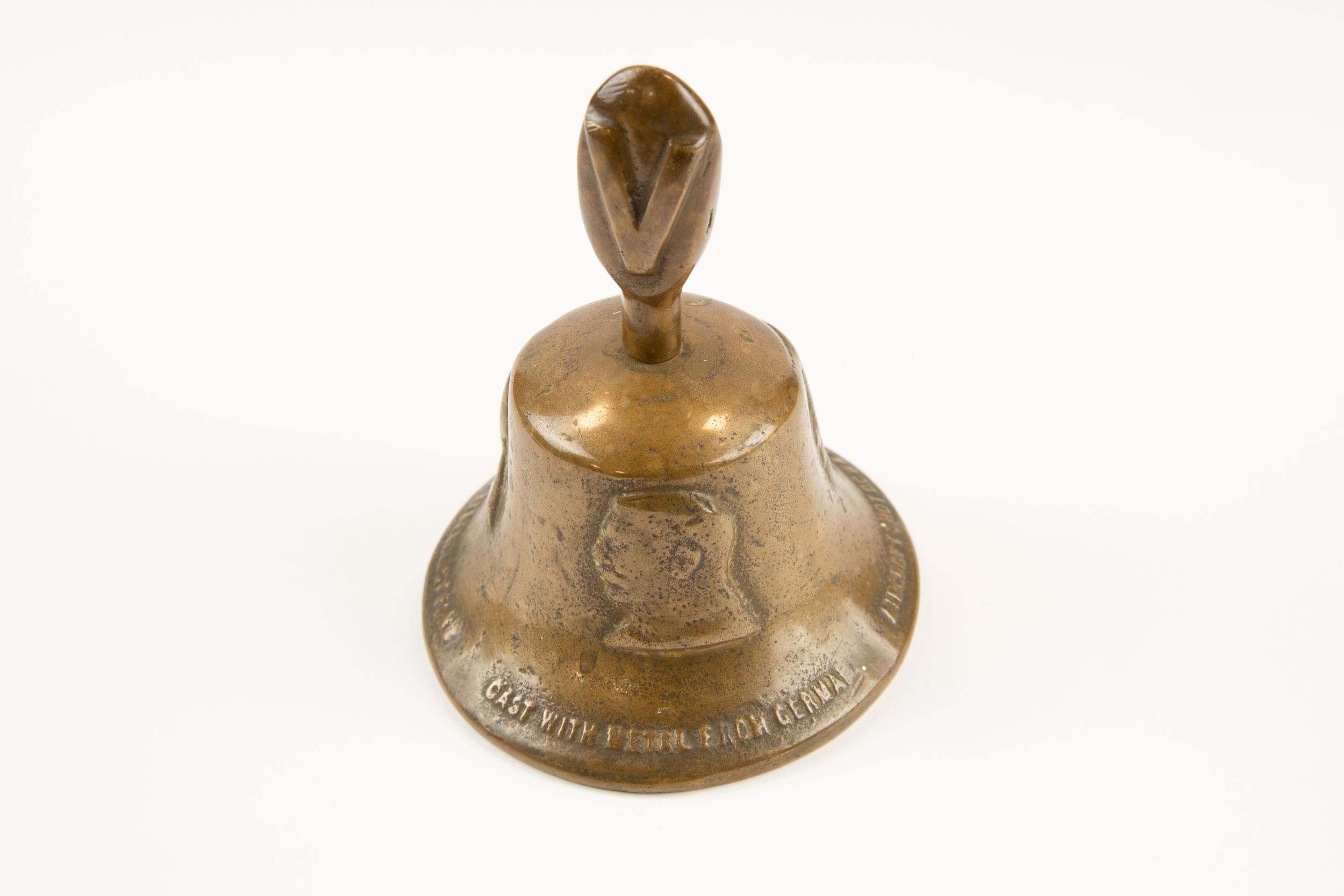 A heavy bronze "Victory" hand bell, embossed with busts of Churchill, Roosevelt and Stalin and - Image 2 of 2