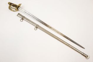A copy of a French Waterloo period Heavy Cavalry trooper's sword, in its steel scabbard. GC £40-50