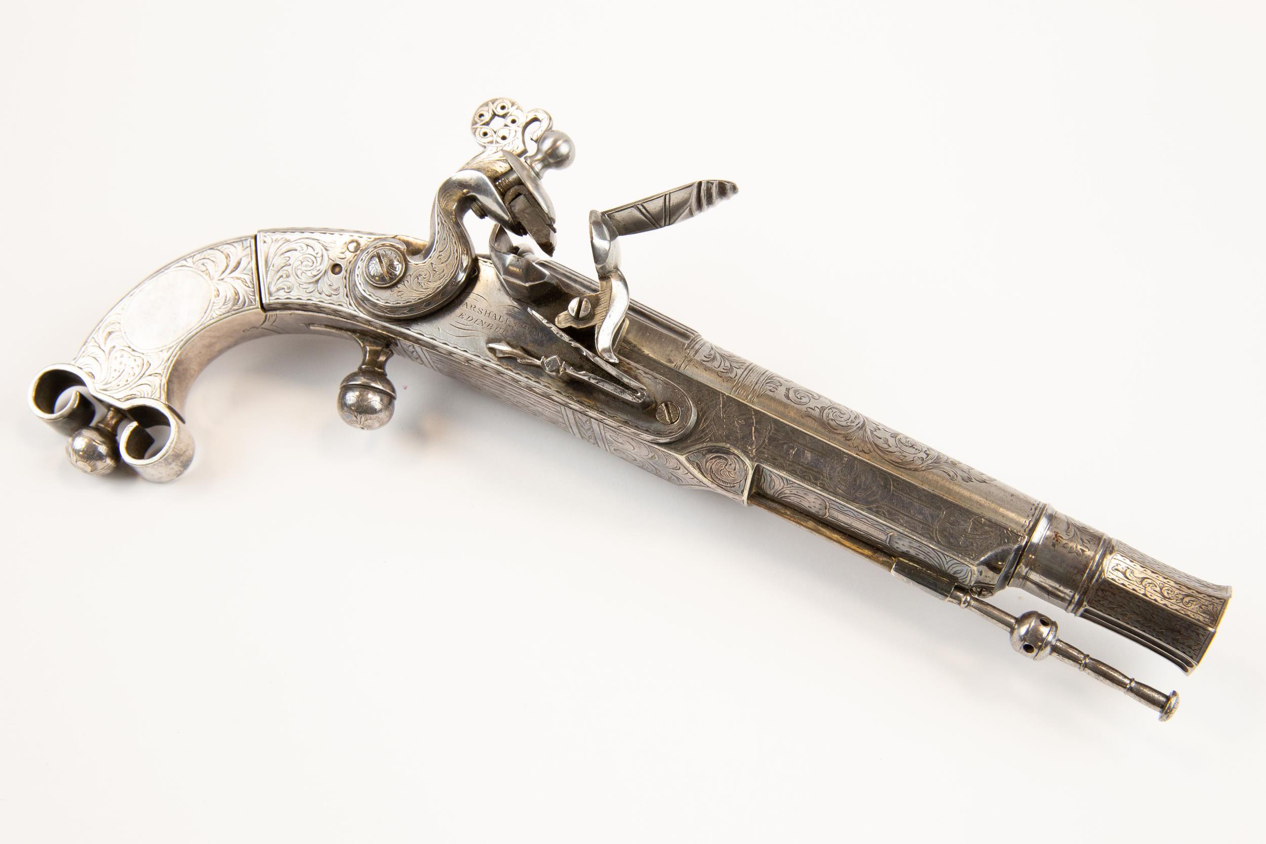 A good early 19th century 40 bore Scottish all metal flintlock belt pistol by Marshall & Sons,