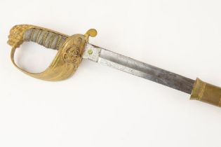 A Victorian Naval officer's sword, blade 31½" etched with crowned anchor, Royal Arms and panels of