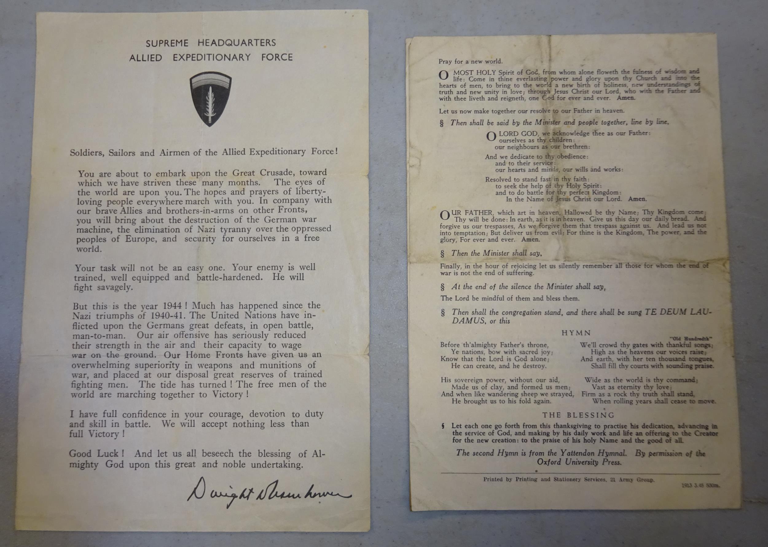 A WWII printed paper message given to troops involved in the D Day invasion, headed "Supreme