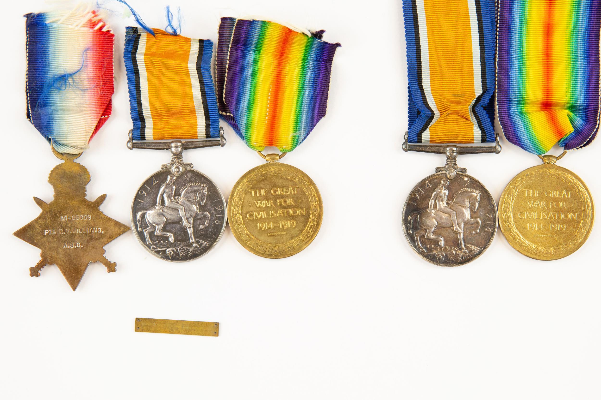 Three: 1914 star with clasp (un-attached), BWM, Victory (MI 5608 Pte R V Williams, ASC), VF; Pair: - Image 2 of 2