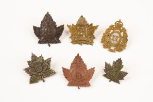 6 WWI CEF Infantry cap badges: 18th, 19th, 20th by Gaunt, 21st, 26th by Inglis, and 27th. GC £80-150