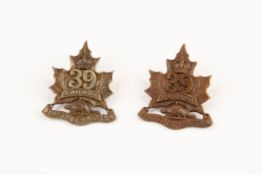 Two scarce WWI CEF Infantry cap of the 39th Bn, the type with motto scroll and beaver: bronzed,