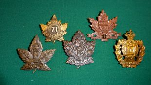 5 WWI CEF Infantry cap badges: 71st officer's (one lug a replacement), 97th, 102nd without "