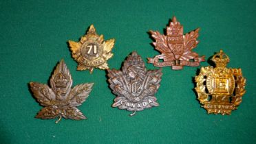 5 WWI CEF Infantry cap badges: 71st officer's (one lug a replacement), 97th, 102nd without "