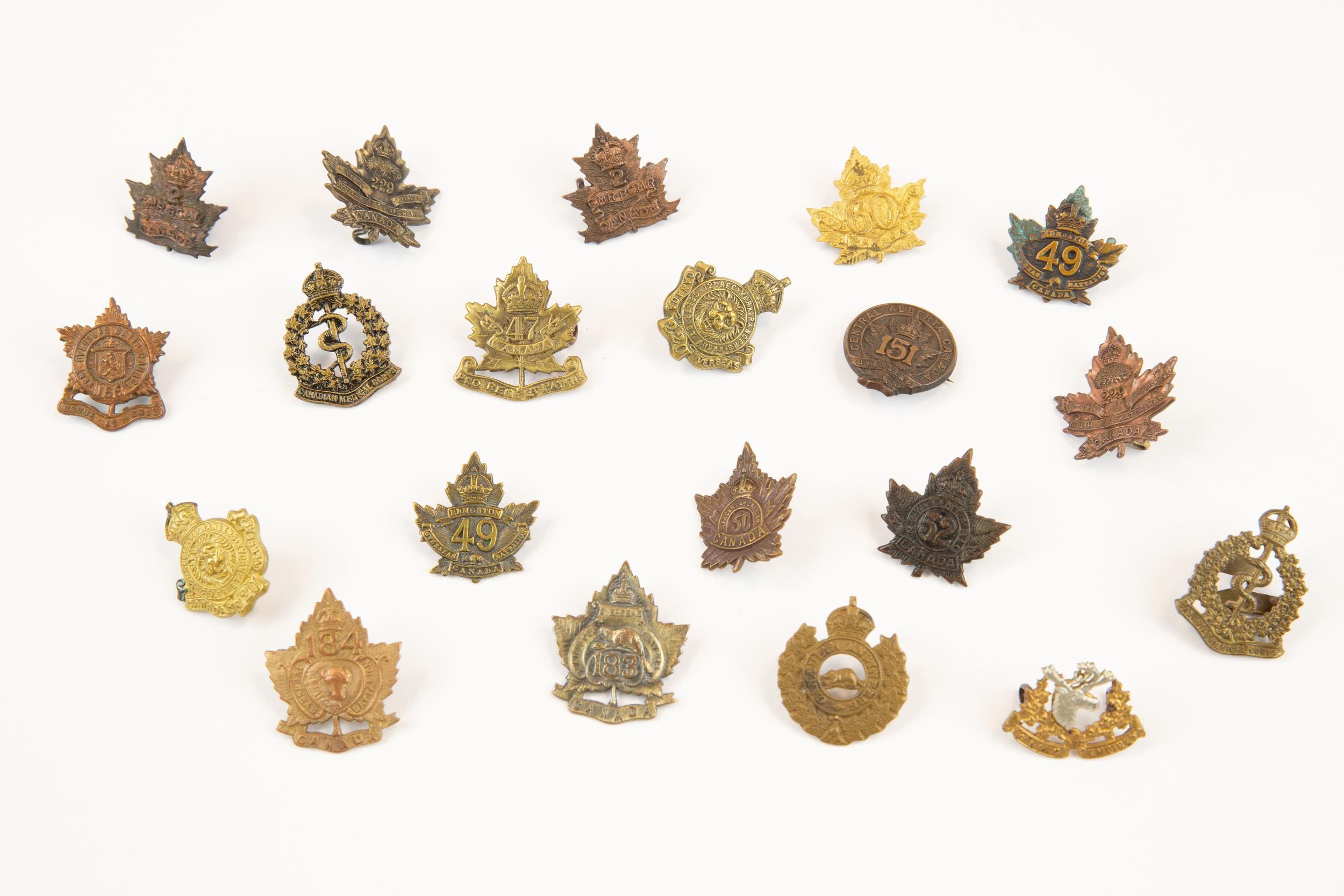 14 WWI CEF Infantry collar badges: 47th, 49th (2, one lugged and one brooched by Gaunt), 50th, 52nd,