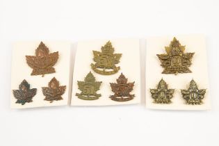 3 sets of WWI CEF Infantry cap and pair of collar badges: 51st with slider, 101st, and 102nd with "