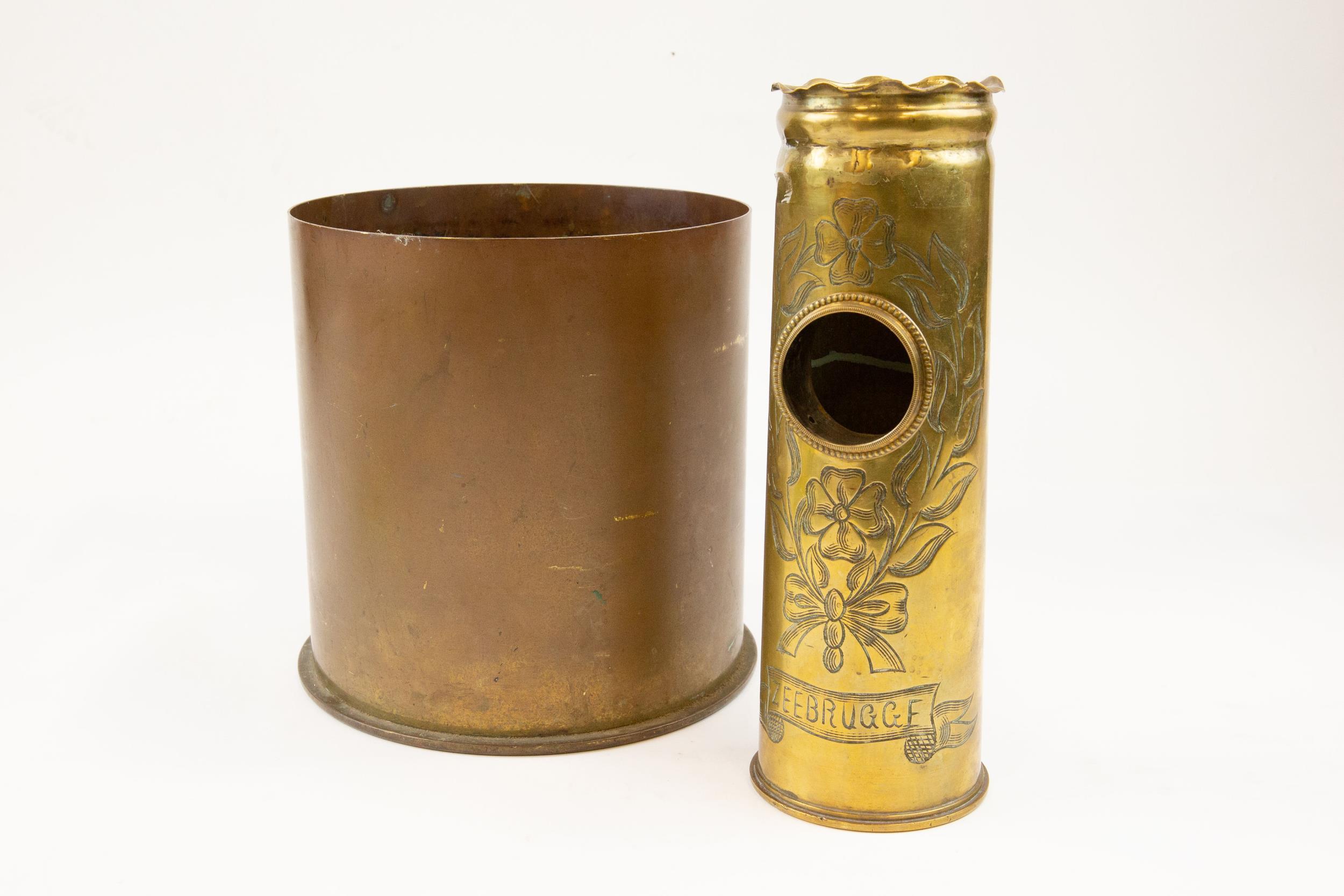 A WWI "trench art" souvenir 18pr brass shell case, dated "5/16", boldly engraved with flowers and "