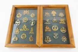 12 Infantry cap badges and 12 Corps cap badges, attractively mounted in two glazed wooden frames,