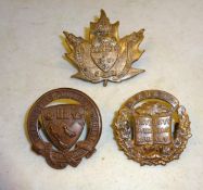 3 WWI CEF University Company cap badges: McGill University Company by Lees, 1915; Toronto University