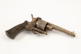 A Belgian 6 shot 7mm double action open frame pin fire revolver, 7" overall, octagonal barrel 3¼",